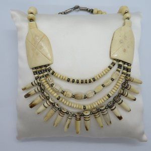 Vintage Artisan Carved Bovine Bone Necklace Multi Strand Silver Carnelian Beaded